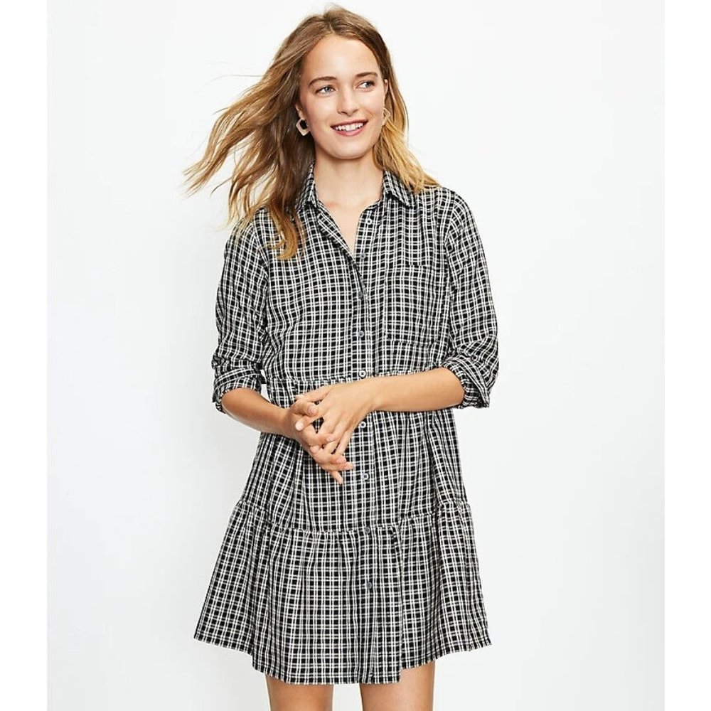 Ann Taylor LOFT Gingham Plaid Tiered Pocket Shirtdress Long Sleeve Large
